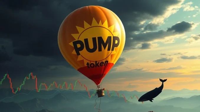 A deflating PUMP token balloon symbolizing Solana meme coin volatility after a failed token buyback.