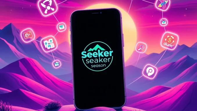 A hand holding a Solana Mobile phone displaying the Seeker Season logo, highlighting the upcoming Solana dApps and crypto rewards.