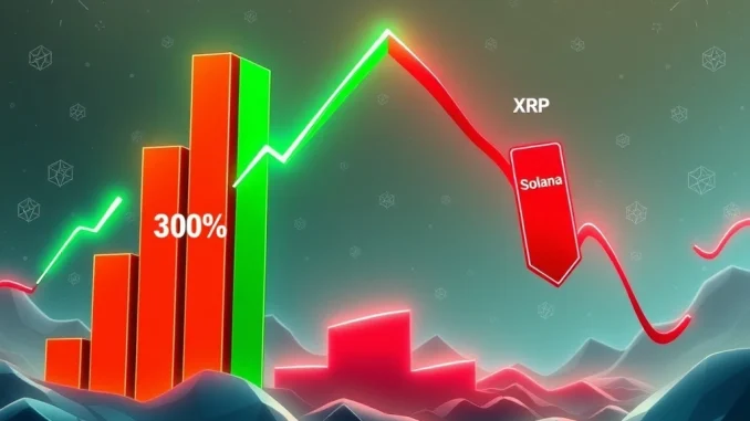 A visual representation of market shifts, showing DeSoc altcoin's projected growth against declining XRP and Solana prices, illustrating current altcoin market trends.