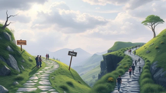 Visualizing the contrasting crypto presale strategies of BlockDag and DeSoc, impacting Solana news and market sentiment.