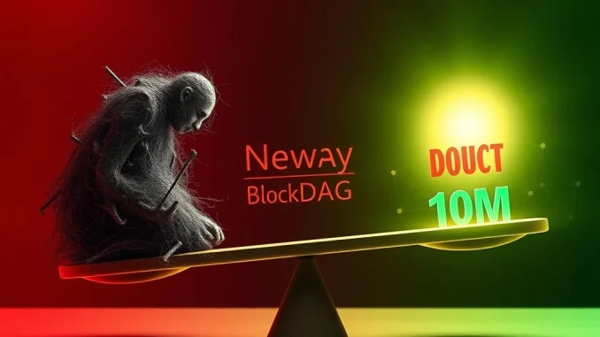 A visual comparison highlighting BlockDAG's prolonged presale struggles against DeSoc's transparent success, a key point in Solana news today.