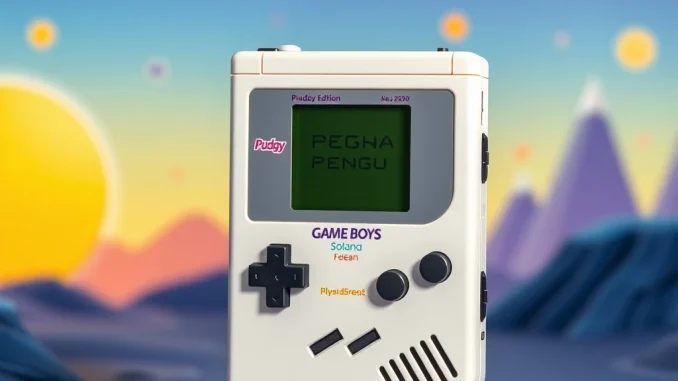Limited edition Solana Gameboy with Pudgy Penguins branding for crypto gaming enthusiasts.