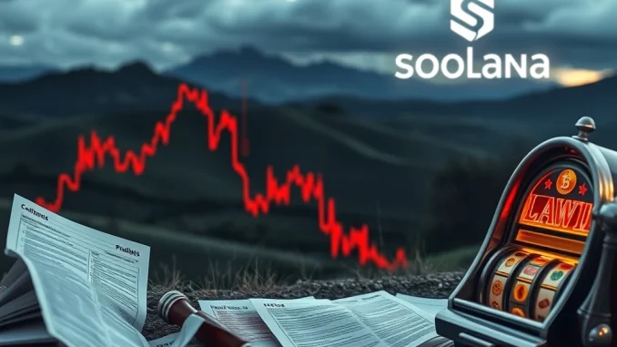 Solana News: PUMP Token's Catastrophic 45% Plunge Amid $5.5B RICO Lawsuit & Airdrop Delay Depiction of PUMP token's dramatic price crash and legal documents, symbolizing the Pump.fun lawsuit and its impact on Solana.