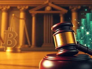 A gavel hitting a blockchain icon with the Solana logo, representing the serious RICO charges in the Pump.Fun fraud lawsuit.