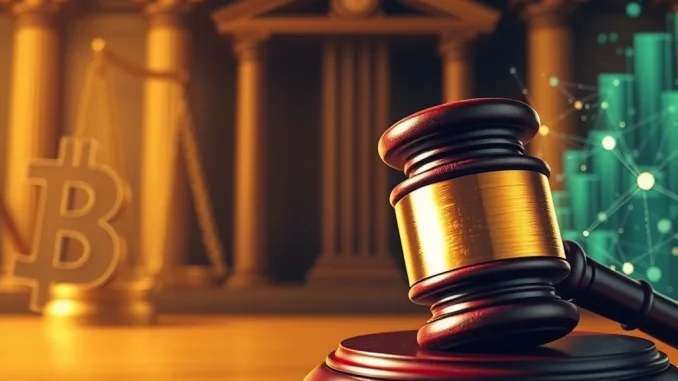 Solana Faces *Staggering* RICO Charges in $1.5B Pump.Fun Fraud Lawsuit A gavel hitting a blockchain icon with the Solana logo, representing the serious RICO charges in the Pump.Fun fraud lawsuit.