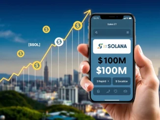 A visual representation of the Solana Staking ETF's rapid growth, showing financial charts and Solana symbols, highlighting the $100M AUM milestone.