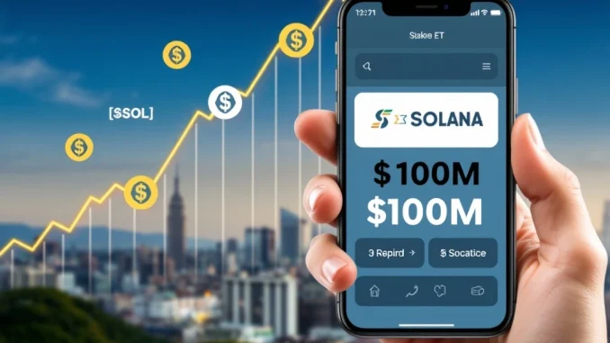 A visual representation of the Solana Staking ETF's rapid growth, showing financial charts and Solana symbols, highlighting the $100M AUM milestone.