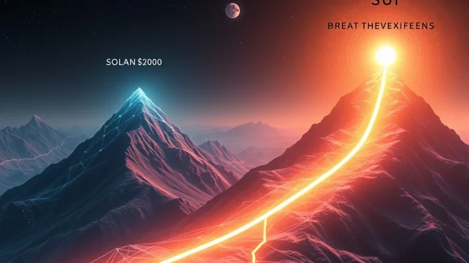 Solana's Breakthrough: Why SOL Hit $200 as Sui Crypto Explodes 200% on DeFi Momentum A digital representation of Solana and Sui logos rising on a chart, symbolizing their recent price surges and the growing momentum in Layer 1 blockchains.