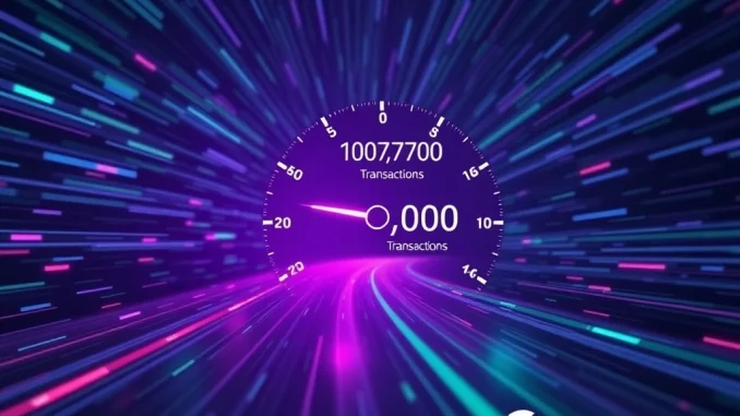 Solana TPS Unleashed: Exploring 107K Transactions Per Second Potential Visualizing Solana TPS performance with a speed gauge and network data, emphasizing its high transaction capacity.