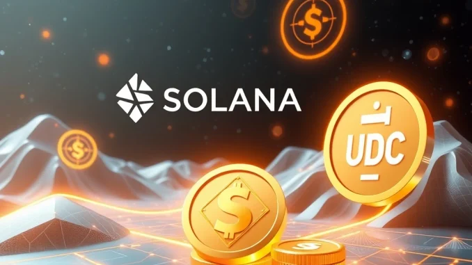 Solana blockchain with USDC stablecoin flowing through digital financial networks