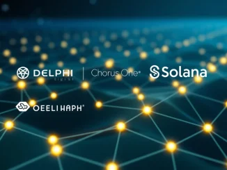 Digital network illustration depicting Delphi Digital and Chorus One joining as Solana validators, enhancing blockchain security.