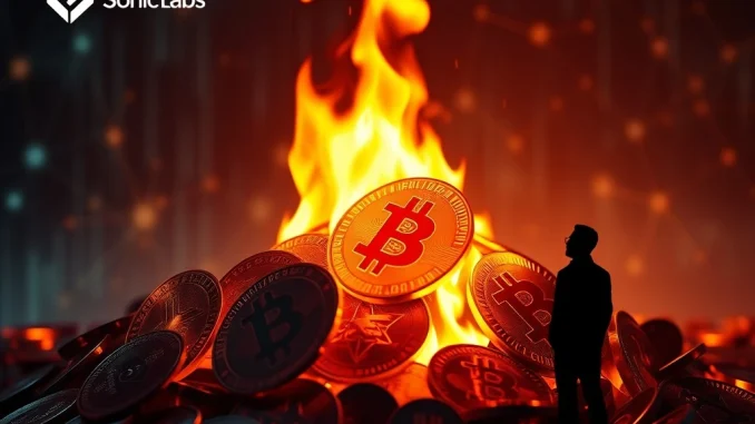 Visualizing the significant Sonic Labs token burn, showing digital S tokens disappearing into a fiery blockchain symbol, signifying ecosystem value.