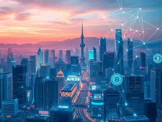 Digital representation of the Korean Won and blockchain network over a map of South Korea, symbolizing **South Korea's blockchain** leadership potential through stablecoins.