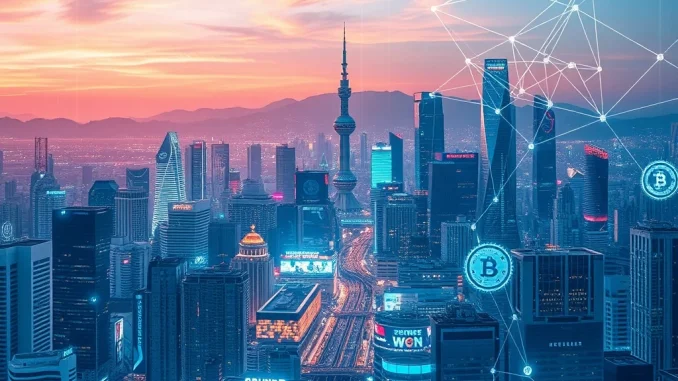 Digital representation of the Korean Won and blockchain network over a map of South Korea, symbolizing **South Korea's blockchain** leadership potential through stablecoins.