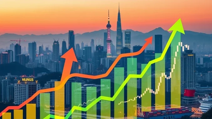 Charts and upward arrows illustrating South Korea GDP growth, reflecting its economic resilience and export surge in Q2.