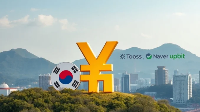 An illustration depicting the competitive South Korea stablecoin market, with digital currency symbols and company logos.