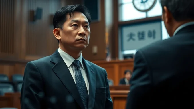 A man in a courtroom, representing the conviction for **South Korean crypto fraud** involving a $314K investment scam.