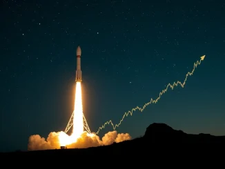 Illustrating the immense value of SpaceX Bitcoin holdings with a rocket taking off and a soaring Bitcoin symbol.