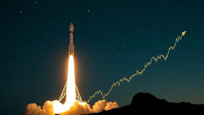 Illustrating the immense value of SpaceX Bitcoin holdings with a rocket taking off and a soaring Bitcoin symbol.