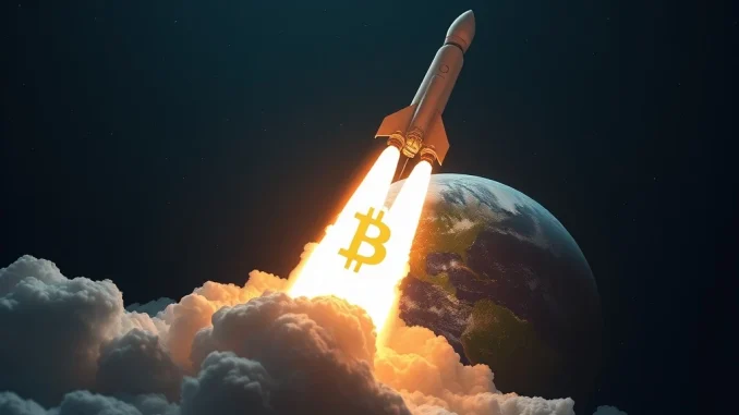 A futuristic rocket launch, symbolizing SpaceX's pivotal move in its corporate Bitcoin strategy, impacting institutional adoption.