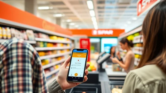 A customer uses their phone for crypto payments at a Spar Switzerland checkout, symbolizing Swiss crypto adoption in retail.