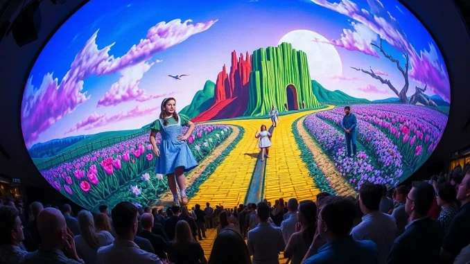 A breathtaking AI-enhanced Wizard of Oz scene projected across the massive interior screen of Sphere Las Vegas, showcasing the revolutionary immersive entertainment.
