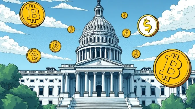 U.S. Capitol discussing stablecoin and crypto bills with digital currency symbols