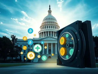 An illustration depicting the U.S. GENIUS Act shaping stablecoin regulation, emphasizing secure 1:1 reserves and digital finance innovation.