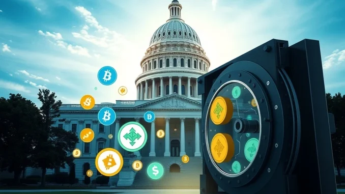 An illustration depicting the U.S. GENIUS Act shaping stablecoin regulation, emphasizing secure 1:1 reserves and digital finance innovation.