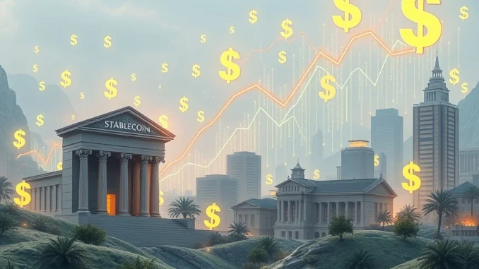 Illustrates the projected stablecoin surge, showing digital dollars integrating with traditional finance and regulatory frameworks.