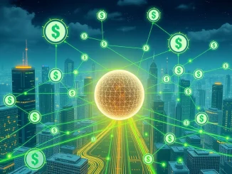 An infographic illustrating how stablecoins and DeFi reduce financial costs and boost economic value through blockchain technology.