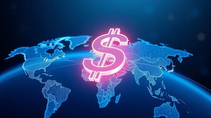 A visual representation of stablecoins facilitating global payments, showing digital currency symbols connecting continents, highlighting efficient cross-border payments.