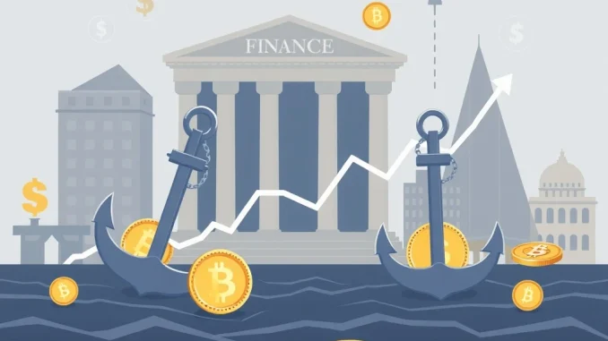 Stablecoins depicted as a stabilizing force on a financial graph, illustrating their potential impact on inflation and money supply growth.