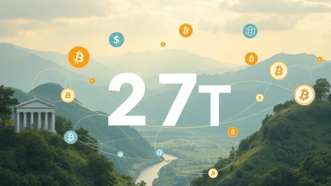 Visualizing the massive $27 trillion in stablecoin transactions dominating traditional finance, showing stablecoins bridging old and new money.