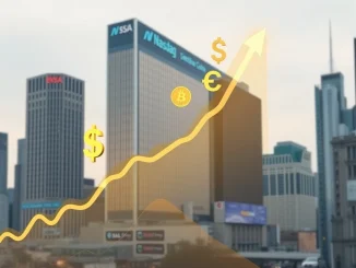 An illustration showing StablecoinX's logo with a rising stock chart, signifying their crypto capital raise and upcoming Nasdaq listing.