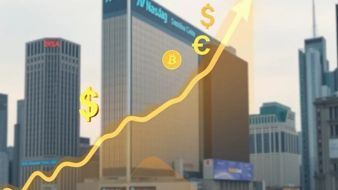 An illustration showing StablecoinX's logo with a rising stock chart, signifying their crypto capital raise and upcoming Nasdaq listing.
