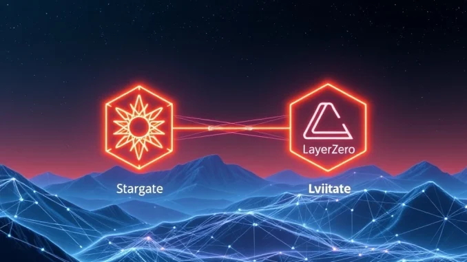 Digital representation of Stargate DAO and LayerZero protocols merging, signifying their pivotal acquisition and integration.