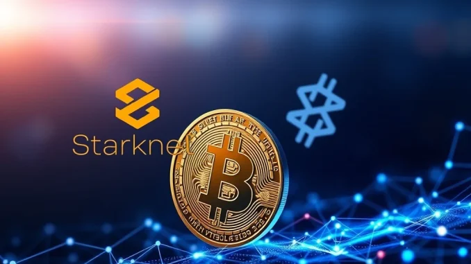 Illustration of Starknet and Bitcoin logos merging, representing the new Starknet Bitcoin staking integration after the SNIP-31 vote.