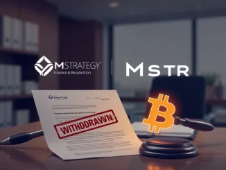 A legal document with 'WITHDRAWN' stamped on it, next to a Strategy MSTR logo and a Bitcoin symbol, illustrating the investor lawsuit withdrawal.