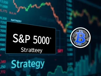 A stock ticker showing 'S&P 500' and 'Strategy' next to a Bitcoin symbol, illustrating Strategy's potential S&P 500 inclusion and its impact on Bitcoin exposure.