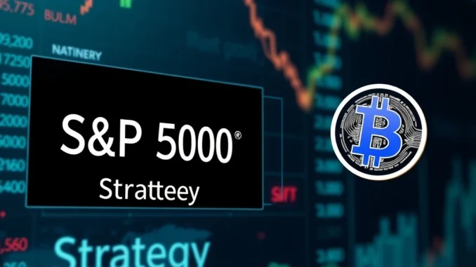 Strategy's Revolutionary S&P 500 Inclusion Could Transform Bitcoin Access A stock ticker showing 'S&P 500' and 'Strategy' next to a Bitcoin symbol, illustrating Strategy's potential S&P 500 inclusion and its impact on Bitcoin exposure.