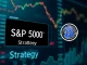A stock ticker showing 'S&P 500' and 'Strategy' next to a Bitcoin symbol, illustrating Strategy's potential S&P 500 inclusion and its impact on Bitcoin exposure.