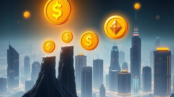 Emerging sub-$0.10 tokens represented as small, bright lights challenging larger, established Solana and Dogecoin icons, symbolizing disruptive growth in the crypto market.