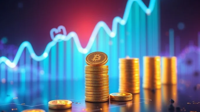 Visualizing the explosive potential of sub-$0.01 cryptocurrencies, showing small coins growing rapidly towards 10,000% crypto gains.