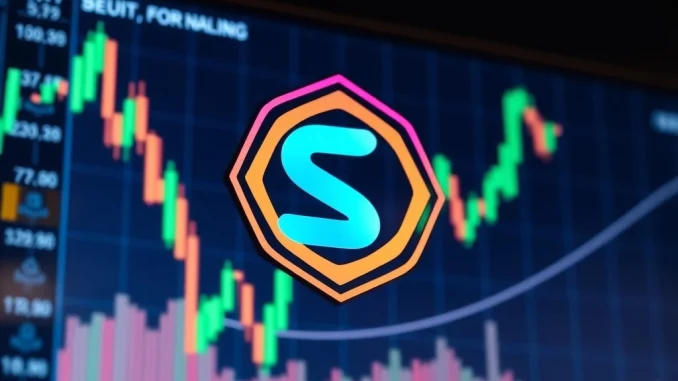 A vibrant SUI crypto logo superimposed on a bullish candlestick chart, symbolizing potential growth and strategic investment opportunities.