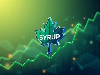 A vibrant chart showing SYRUP token price surging, representing Maple Finance's proposed 25% fee token buybacks boosting staking rewards.