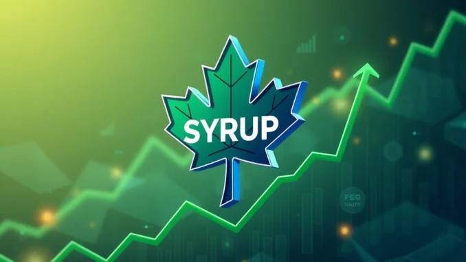 A vibrant chart showing SYRUP token price surging, representing Maple Finance's proposed 25% fee token buybacks boosting staking rewards.