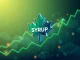 A vibrant chart showing SYRUP token price surging, representing Maple Finance's proposed 25% fee token buybacks boosting staking rewards.