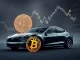 A Tesla car next to a soaring Bitcoin chart, symbolizing the impact of Tesla Bitcoin investment decisions and missed market opportunities.