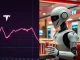Tesla's financial challenges and plummeting stock juxtaposed with an Optimus robot, symbolizing Elon Musk's strategic pivot to AI.